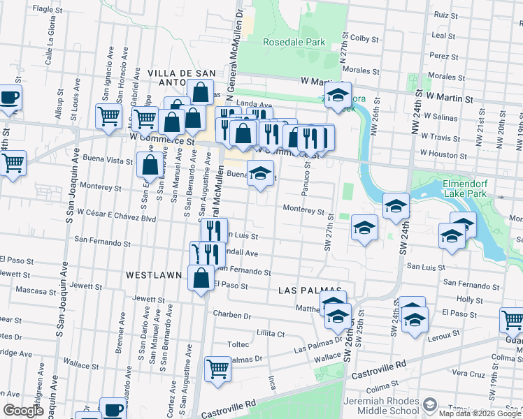 map of restaurants, bars, coffee shops, grocery stores, and more near 4415 Monterey Street in San Antonio