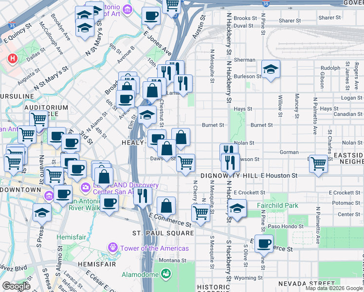 map of restaurants, bars, coffee shops, grocery stores, and more near 314 Nolan Street in San Antonio