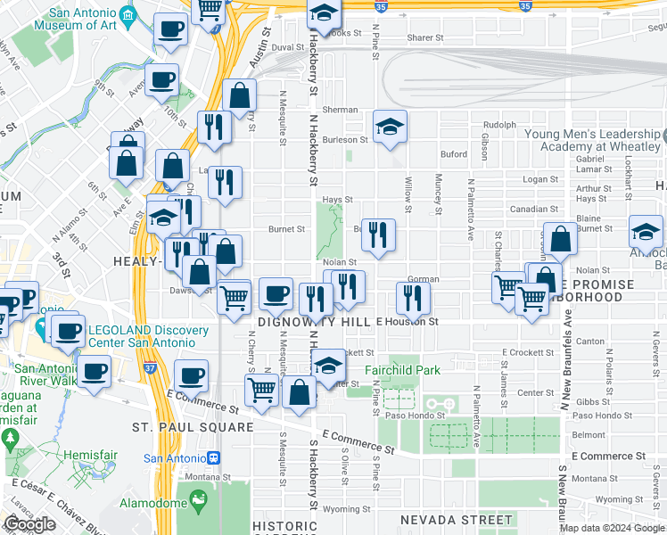 map of restaurants, bars, coffee shops, grocery stores, and more near 720 Nolan Street in San Antonio