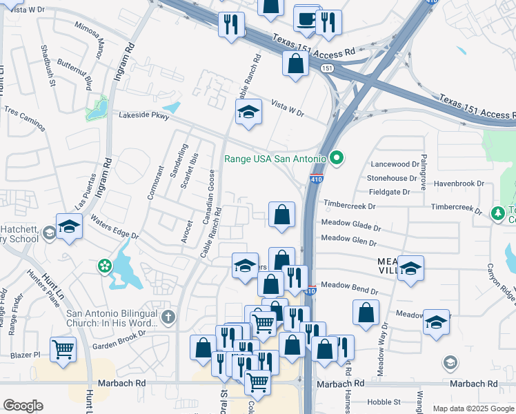 map of restaurants, bars, coffee shops, grocery stores, and more near 1538 Cable Ranch Road in San Antonio