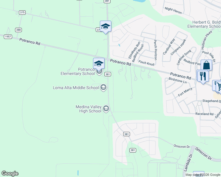 map of restaurants, bars, coffee shops, grocery stores, and more near 15556 Potranco Road in San Antonio