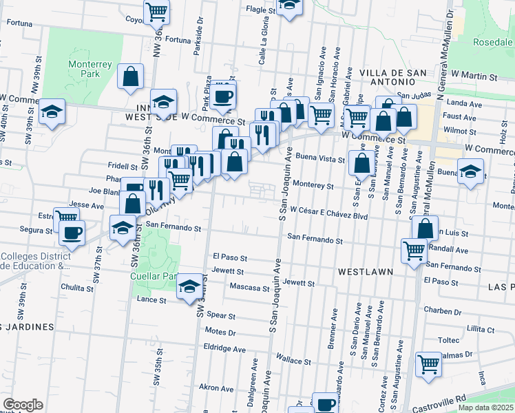 map of restaurants, bars, coffee shops, grocery stores, and more near 5622 West César E Chávez Boulevard in San Antonio