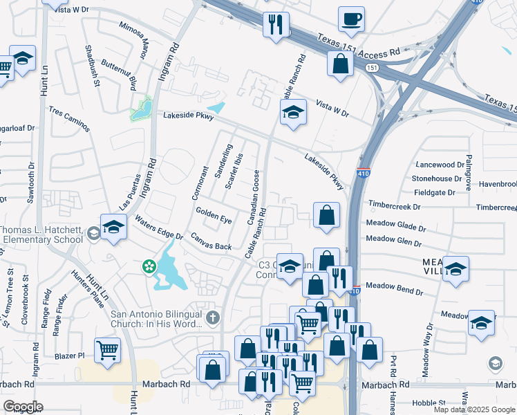 map of restaurants, bars, coffee shops, grocery stores, and more near 1526 Cable Ranch Road in San Antonio