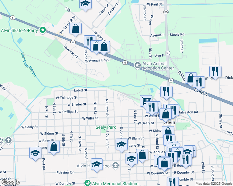 map of restaurants, bars, coffee shops, grocery stores, and more near 440 North Johnson Street in Alvin