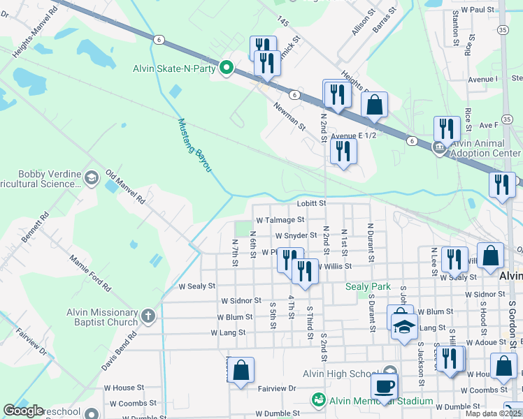 map of restaurants, bars, coffee shops, grocery stores, and more near 1502 West Talmage Street in Alvin