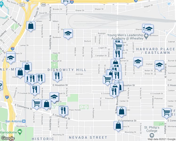 map of restaurants, bars, coffee shops, grocery stores, and more near 321 Gorman in San Antonio
