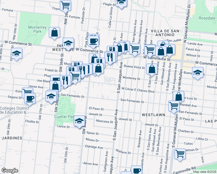 map of restaurants, bars, coffee shops, grocery stores, and more near 5622 West César E Chávez Boulevard in San Antonio