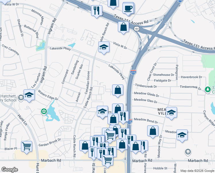 map of restaurants, bars, coffee shops, grocery stores, and more near 1538 Cable Ranch Road in San Antonio