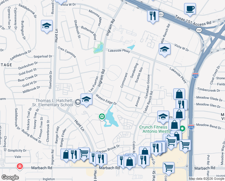 map of restaurants, bars, coffee shops, grocery stores, and more near 902 Bryson Meadow in San Antonio