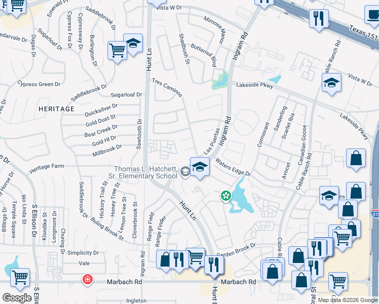 map of restaurants, bars, coffee shops, grocery stores, and more near 827 Las Puertas in San Antonio
