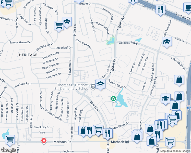 map of restaurants, bars, coffee shops, grocery stores, and more near 827 Las Puertas in San Antonio