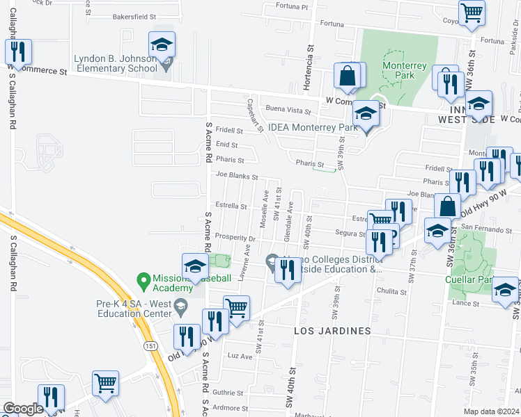 map of restaurants, bars, coffee shops, grocery stores, and more near 715 Estrella St in San Antonio