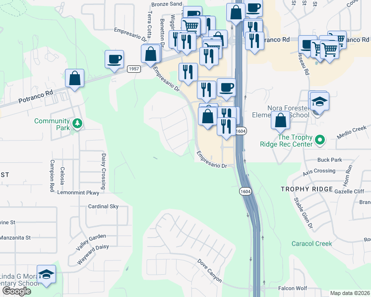 map of restaurants, bars, coffee shops, grocery stores, and more near 325 Texas 1604 Loop in San Antonio