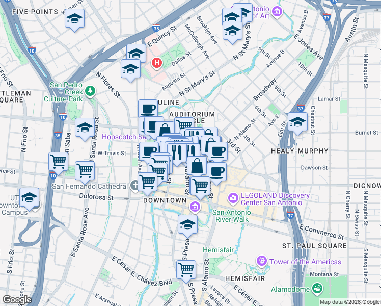map of restaurants, bars, coffee shops, grocery stores, and more near 300 East Travis Street in San Antonio