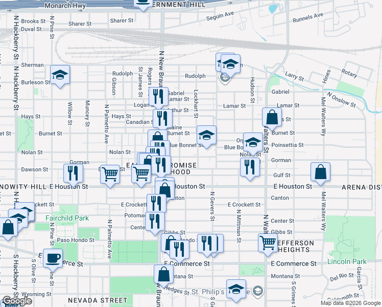 map of restaurants, bars, coffee shops, grocery stores, and more near 1726 Nolan Street in San Antonio