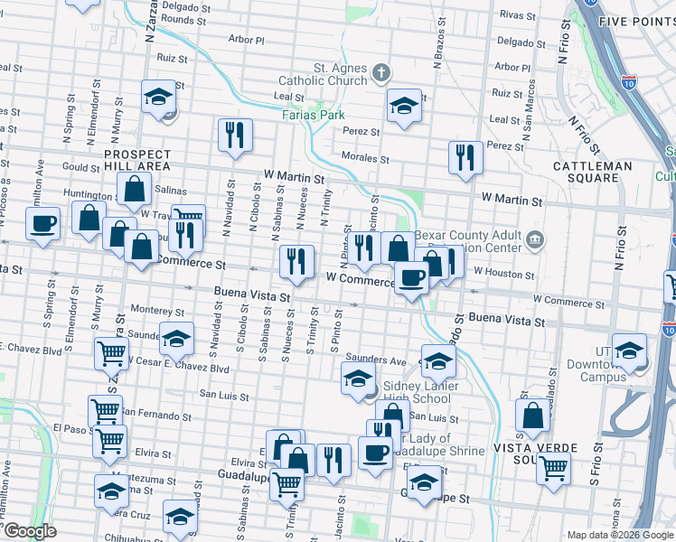 map of restaurants, bars, coffee shops, grocery stores, and more near 2006 West Commerce Street in San Antonio