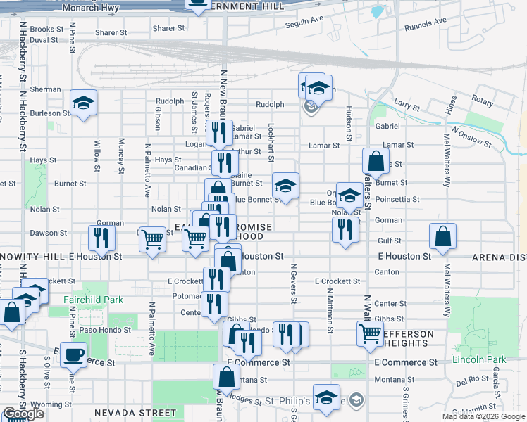 map of restaurants, bars, coffee shops, grocery stores, and more near 1726 Nolan Street in San Antonio