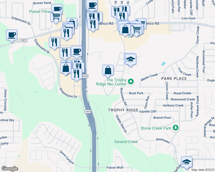 map of restaurants, bars, coffee shops, grocery stores, and more near 507 Cattle Ranch Drive in San Antonio