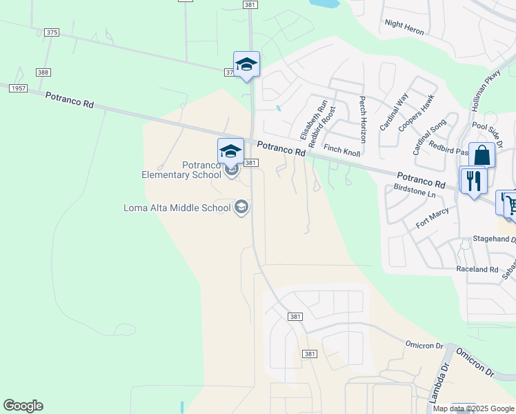 map of restaurants, bars, coffee shops, grocery stores, and more near 15556 Potranco Road in San Antonio