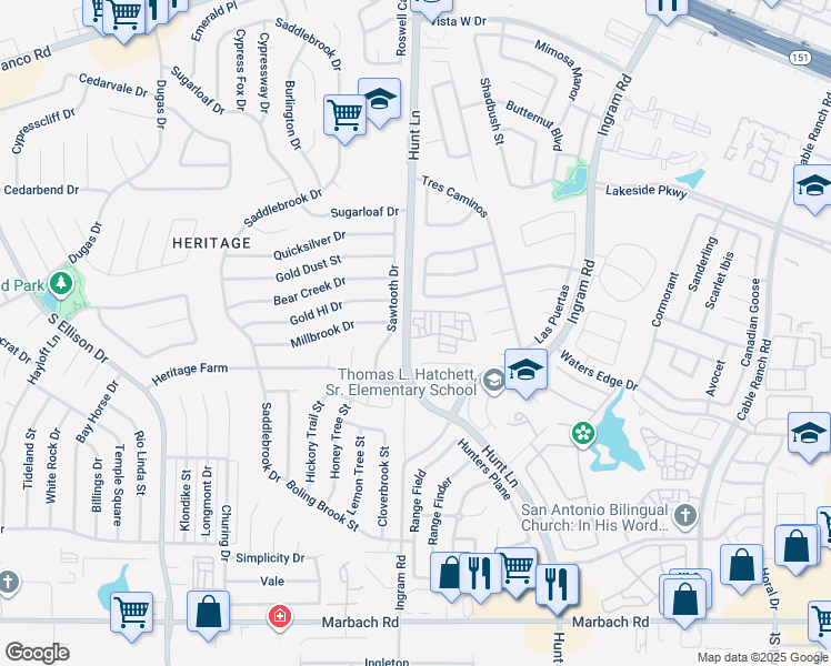 map of restaurants, bars, coffee shops, grocery stores, and more near 534 Hunt Lane in San Antonio