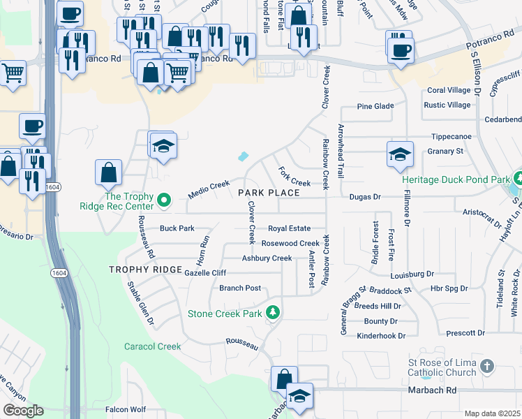 map of restaurants, bars, coffee shops, grocery stores, and more near 10434 Manor Creek in San Antonio