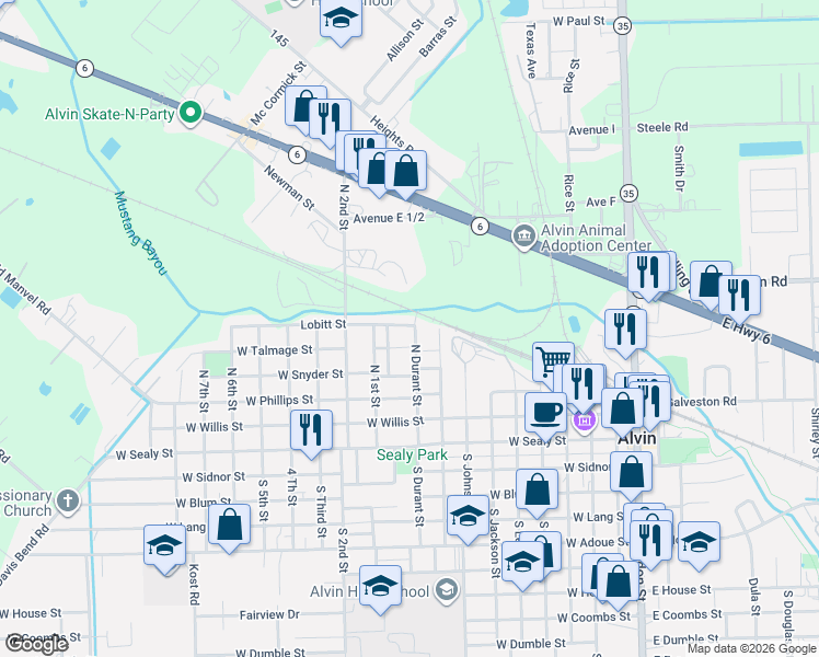 map of restaurants, bars, coffee shops, grocery stores, and more near 507 North Durant Street in Alvin