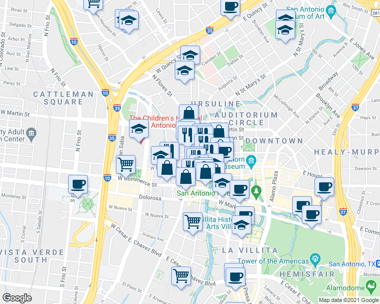 map of restaurants, bars, coffee shops, grocery stores, and more near 210 North Flores Street in San Antonio
