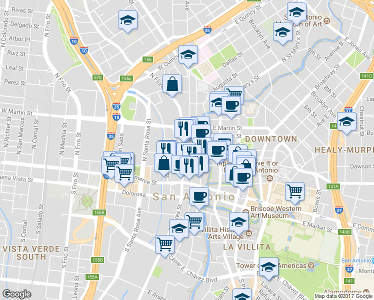map of restaurants, bars, coffee shops, grocery stores, and more near 210 North Flores Street in San Antonio