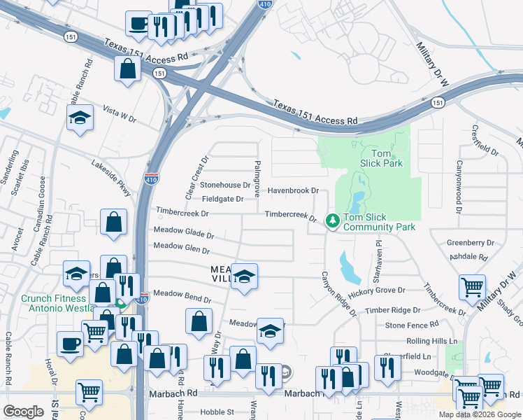 map of restaurants, bars, coffee shops, grocery stores, and more near 7362 Timbercreek Drive in San Antonio