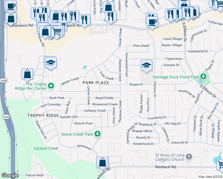 map of restaurants, bars, coffee shops, grocery stores, and more near 10326 Manor Creek in San Antonio