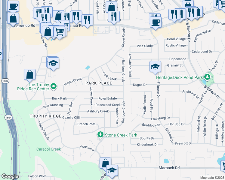 map of restaurants, bars, coffee shops, grocery stores, and more near 10326 Manor Creek in San Antonio