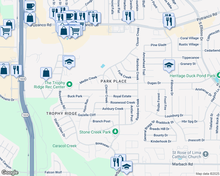 map of restaurants, bars, coffee shops, grocery stores, and more near 10434 Manor Creek in San Antonio