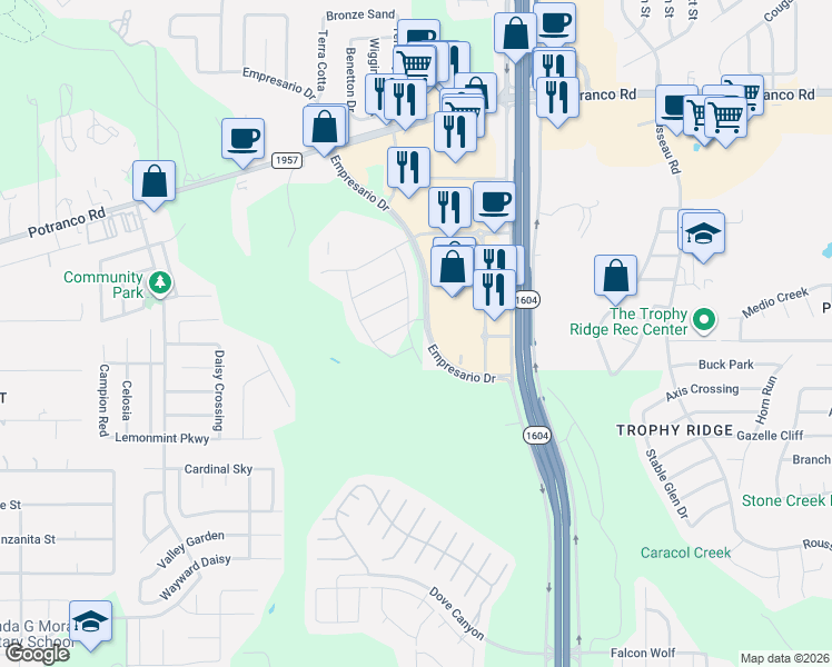 map of restaurants, bars, coffee shops, grocery stores, and more near 325 State Highway 1604 Loop in San Antonio