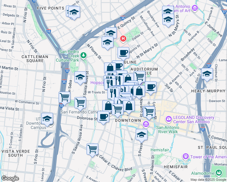 map of restaurants, bars, coffee shops, grocery stores, and more near 300 North Main Avenue in San Antonio