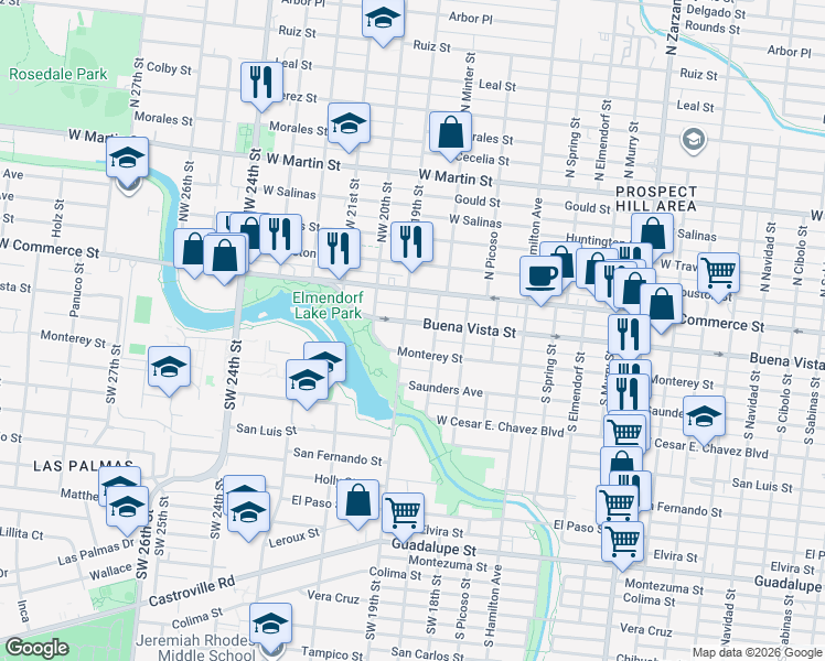 map of restaurants, bars, coffee shops, grocery stores, and more near 223 Southwest 19th Street in San Antonio