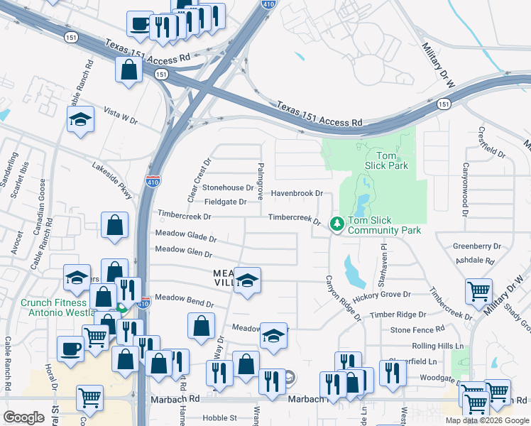map of restaurants, bars, coffee shops, grocery stores, and more near 7362 Timbercreek Drive in San Antonio