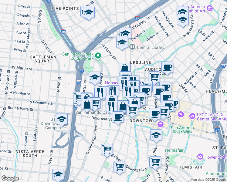 map of restaurants, bars, coffee shops, grocery stores, and more near 110 West Houston Street in San Antonio