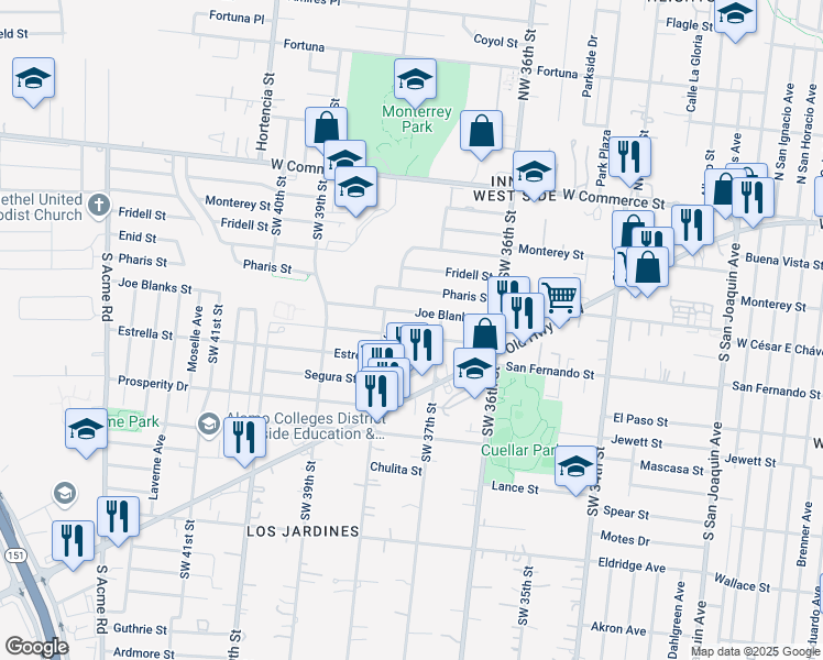 map of restaurants, bars, coffee shops, grocery stores, and more near 219 Estrella Street in San Antonio
