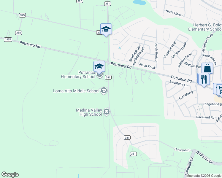 map of restaurants, bars, coffee shops, grocery stores, and more near 15556 Potranco Road in San Antonio