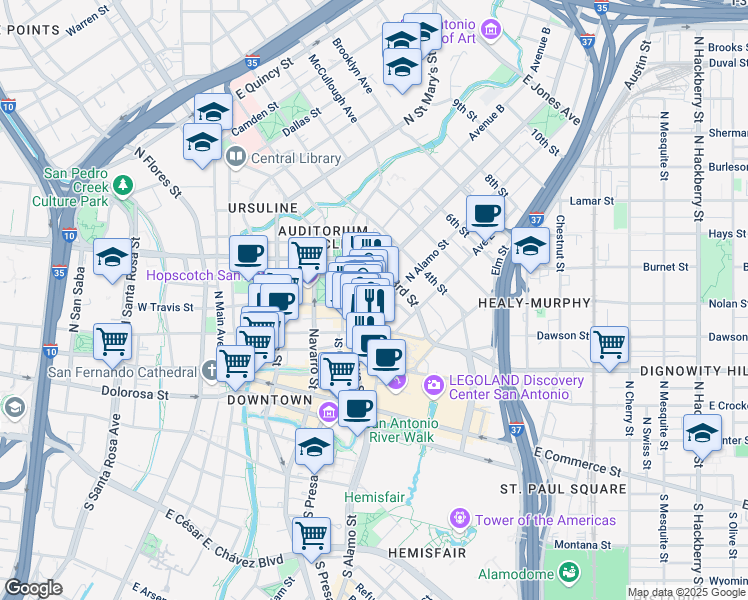 map of restaurants, bars, coffee shops, grocery stores, and more near 519 East Houston Street in San Antonio