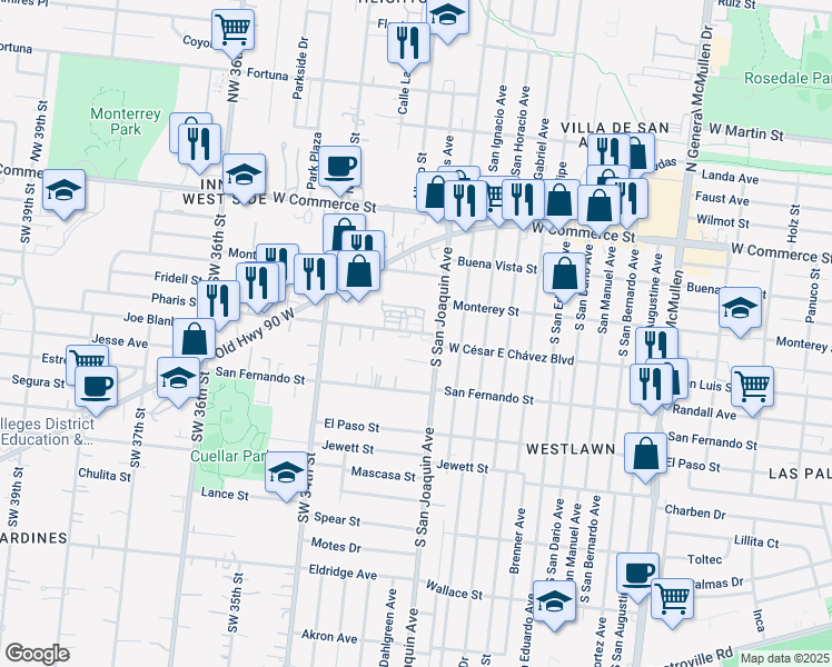 map of restaurants, bars, coffee shops, grocery stores, and more near 5622 West César E Chávez Boulevard in San Antonio
