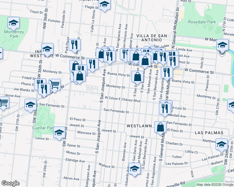 map of restaurants, bars, coffee shops, grocery stores, and more near 401 South San Horacio Avenue in San Antonio