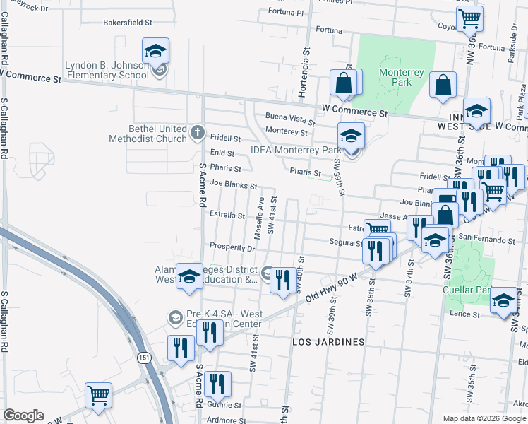 map of restaurants, bars, coffee shops, grocery stores, and more near 411 Moselle Avenue in San Antonio