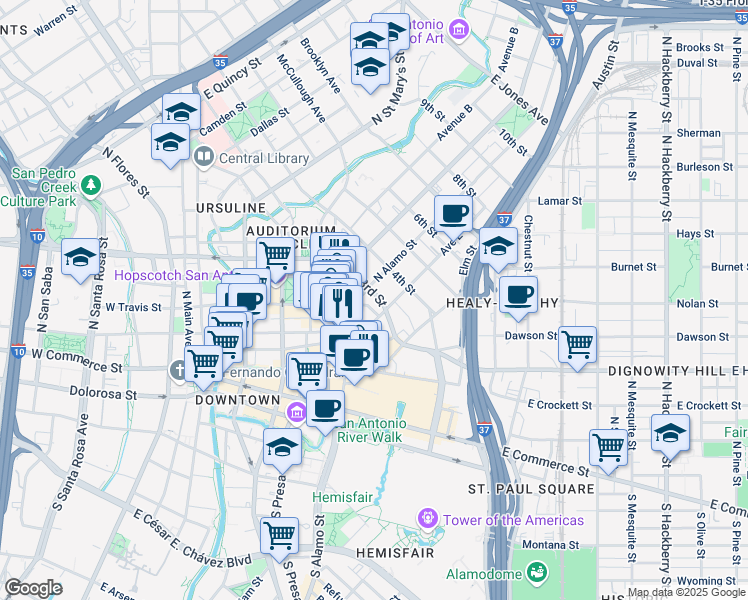 map of restaurants, bars, coffee shops, grocery stores, and more near 311 3rd Street in San Antonio