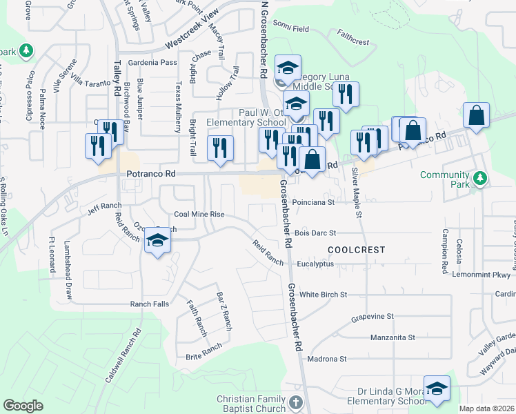 map of restaurants, bars, coffee shops, grocery stores, and more near 425 Grosenbacher Road in San Antonio