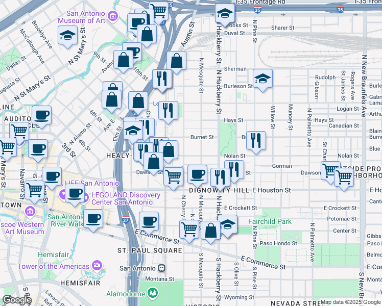 map of restaurants, bars, coffee shops, grocery stores, and more near 515 Nolan Street in San Antonio
