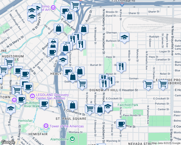 map of restaurants, bars, coffee shops, grocery stores, and more near 627 North Mesquite Street in San Antonio