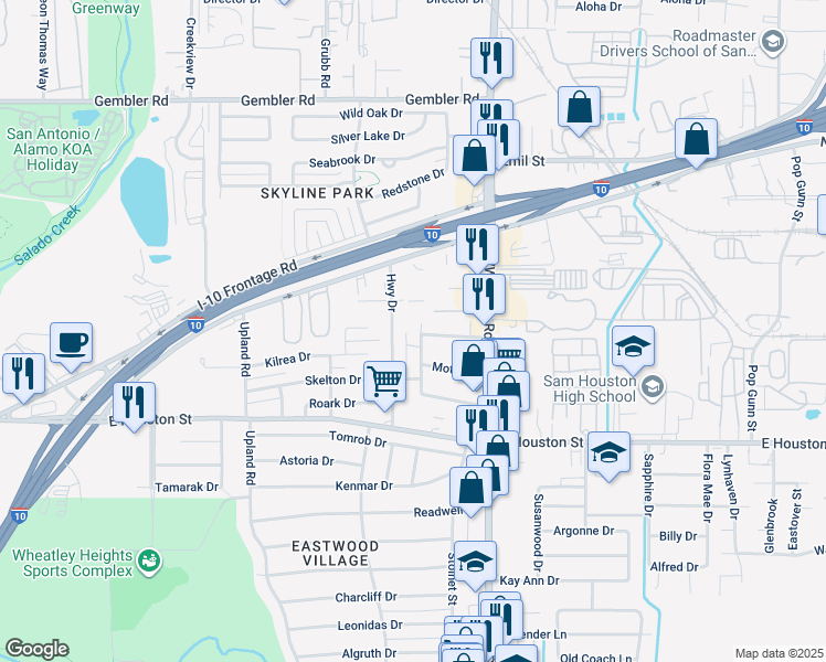 map of restaurants, bars, coffee shops, grocery stores, and more near 268 Highway Drive in San Antonio