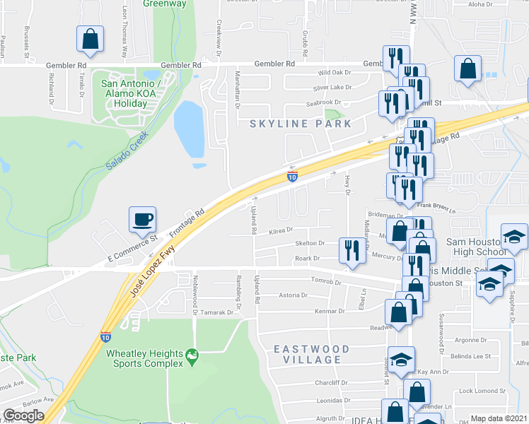 map of restaurants, bars, coffee shops, grocery stores, and more near 1525 Upland Road in San Antonio