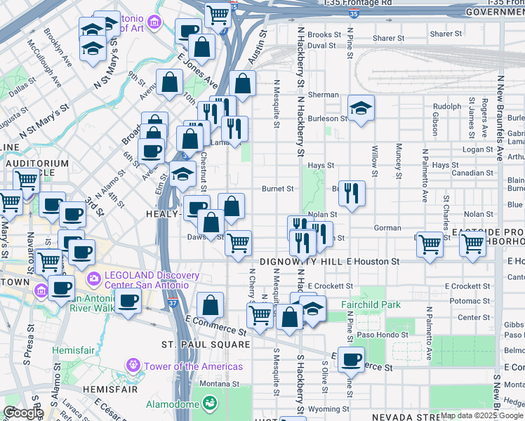 map of restaurants, bars, coffee shops, grocery stores, and more near 627 North Mesquite Street in San Antonio